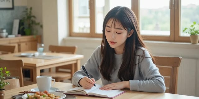 식사하며 다이어리 쓰는 여성 모습