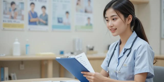검진 항목을 설명을 듣고 있는 여성의 모습