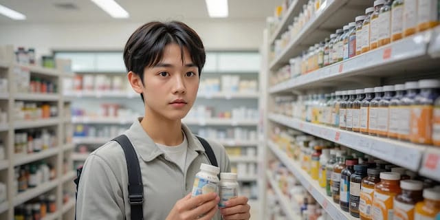 영양제를 비교하며 고민하는 청년의 모습