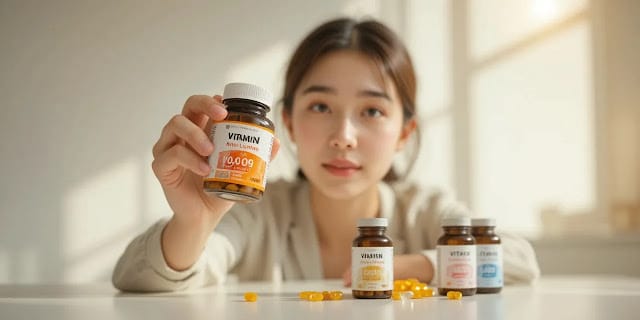 알파리포산과 비타민C를 함께 복용하기 전 준비하는 장면 손에 알파리포산과 비타민C 캡슐을 들고 복용 방법을 고민하는 모습