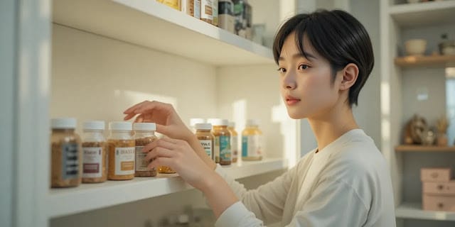 알파리포산과 비타민C를 포함한 영양제를 정리하는 일상 다양한 영양제 병을 선반 위에 정리하며 하루 루틴을 준비하는 모습