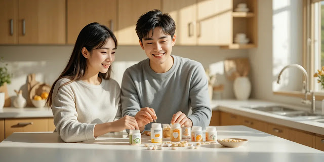 부부가 아침 영양제를 정리하며 대화하는 모습
