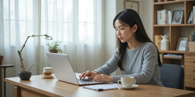 책상에서 노트북으로 검색하는 모습