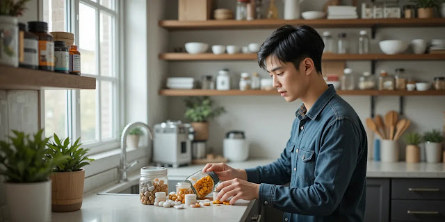 부엌에서 영양제를 정리하는 남성의 모습