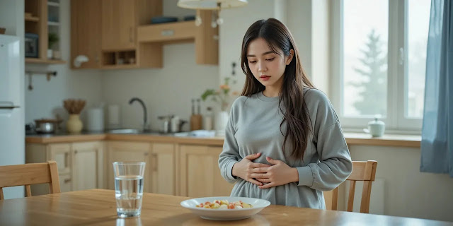 집에서 내시경 준비 중인 여성 내시경 준비를 하며 복부를 만지는 여성의 모습