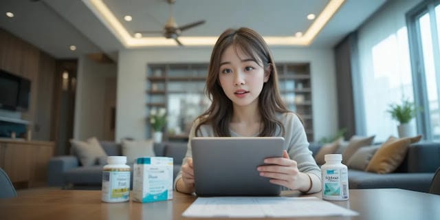 보조제를 비교하며 고민하는 여성의 모습