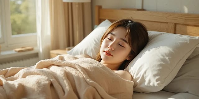 창가 침대에서 편안하게 잠든 여성의 모습