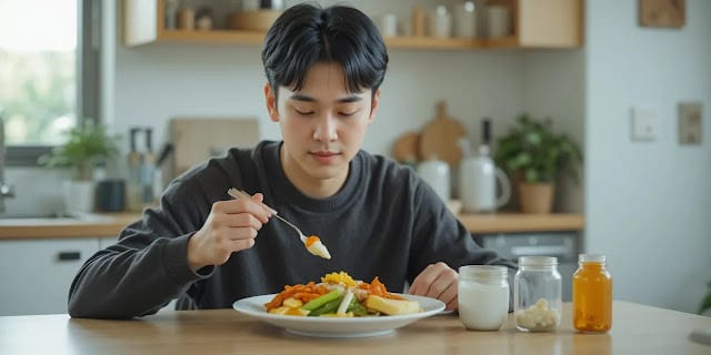 식후 스페르미딘 복용을 실천하는 모습 식사와 함께 영양제를 챙기는 일상적인 모습