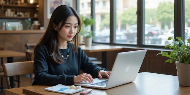 노트북으로 NMN과 스페르미딘 정보를 찾아보는 모습