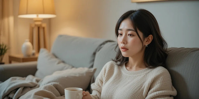 주사 후 메스꺼움을 느끼는 여성의 모습