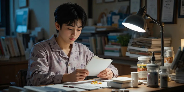 늦은 밤 책상에서 영양제를 확인하는 학생의 모습