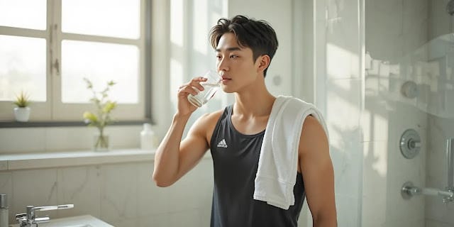 아침에 NMN을 물과 함께 섭취하는 남성의 모습
