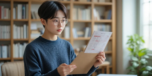 검사결과와 정상 수치 표와 비교하는 모습