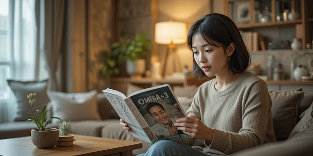 건강 정보를 확인하는 일상적인 모습 오메가3 정보를 읽으며 건강을 챙기는 모습