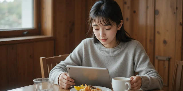 태블릿으로 알파리포산 정보를 검색하는 성인의 모습