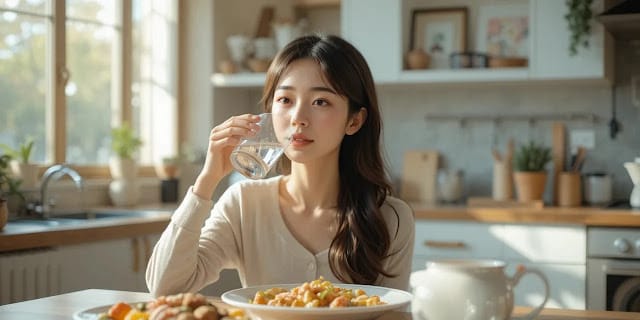 식후 복용 습관을 만드는 여성의 모습 식사 후 물과 함께 영양제를 섭취하는 모습