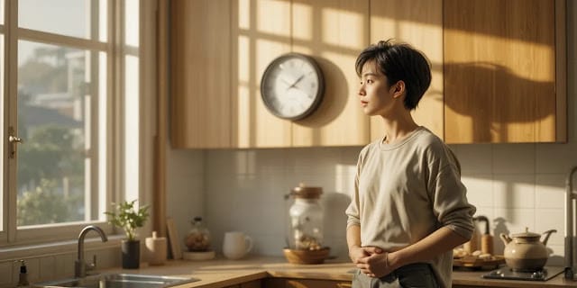 위내시경 후 시계를 바라보며 식사 시간을 고민하는 모습