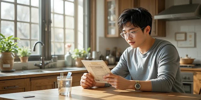 영양제 라벨을 읽으며 고민하는 남성의 모습