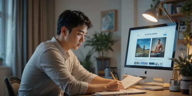 책상에서 NMN과 스페르미딘에 대해 공부하는 모습