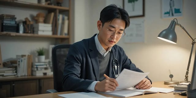 건강 기록을 확인하며 주의사항을 살피는 모습