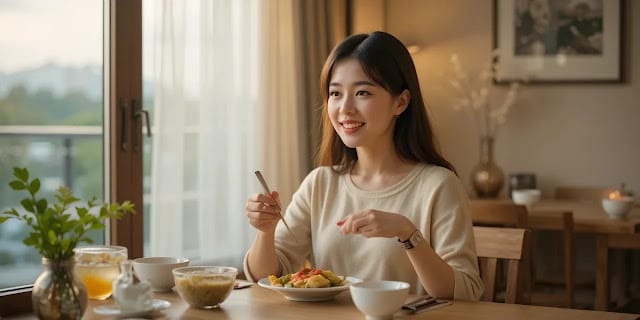 건강한 한 끼를 즐기고 있는 여성 모습