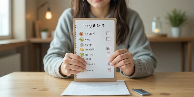 내시경 후 체크리스트로 식사 주의사항을 확인하는 모습