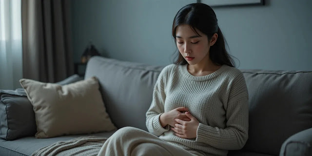 빈속에 영양제를 먹고 불편함을 느끼는 여성의 모습