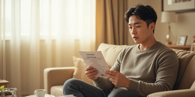 건강검진 안내문을 읽는 남성의 모습