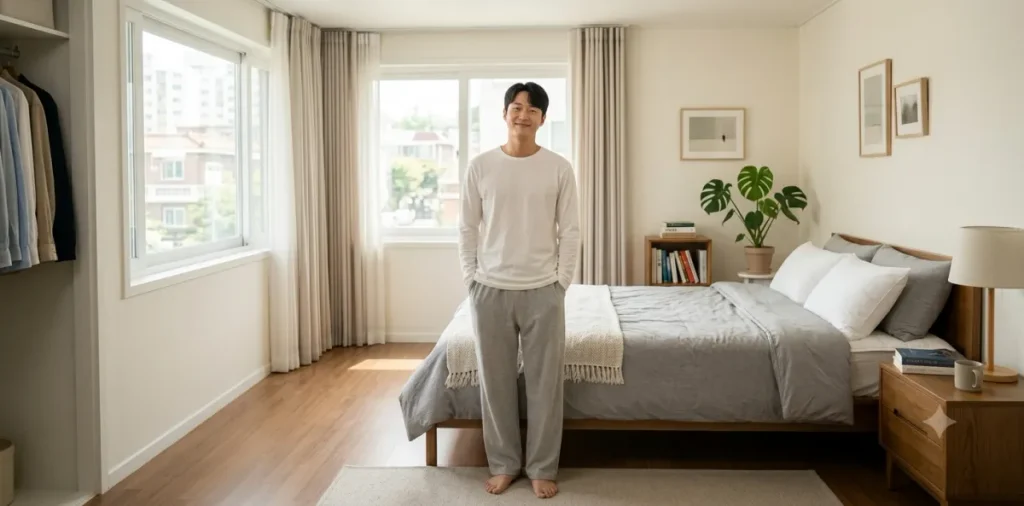 위내시경 복장 규정에 맞춰 아주 넉넉하고 편안한 면 소재 옷을 입고 있는 모습