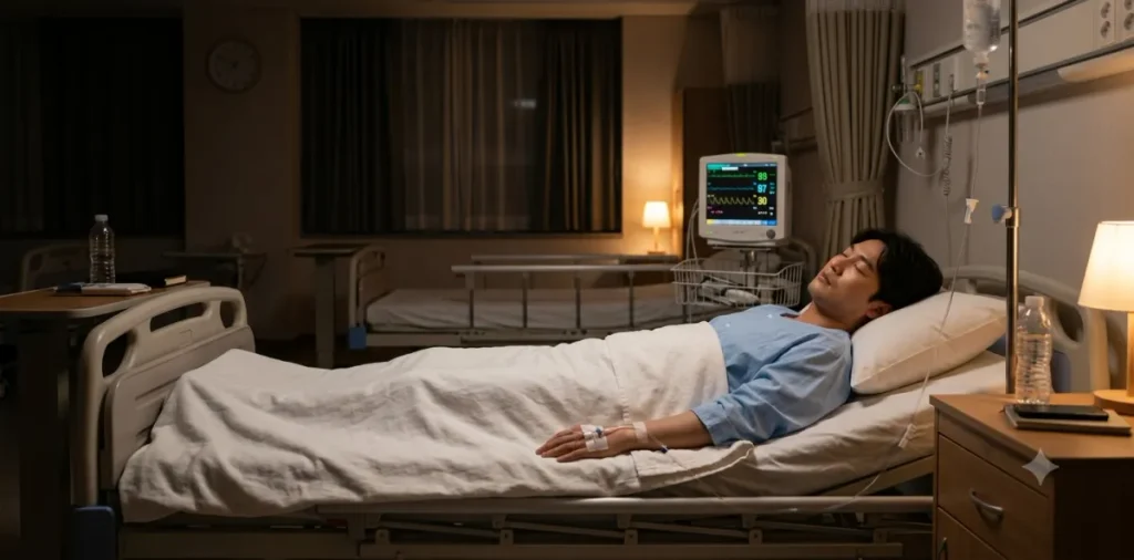 수면 위내시경 검사를 마치고 회복실 침대에 누워 아주 편안하게 안정을 취하는 모습