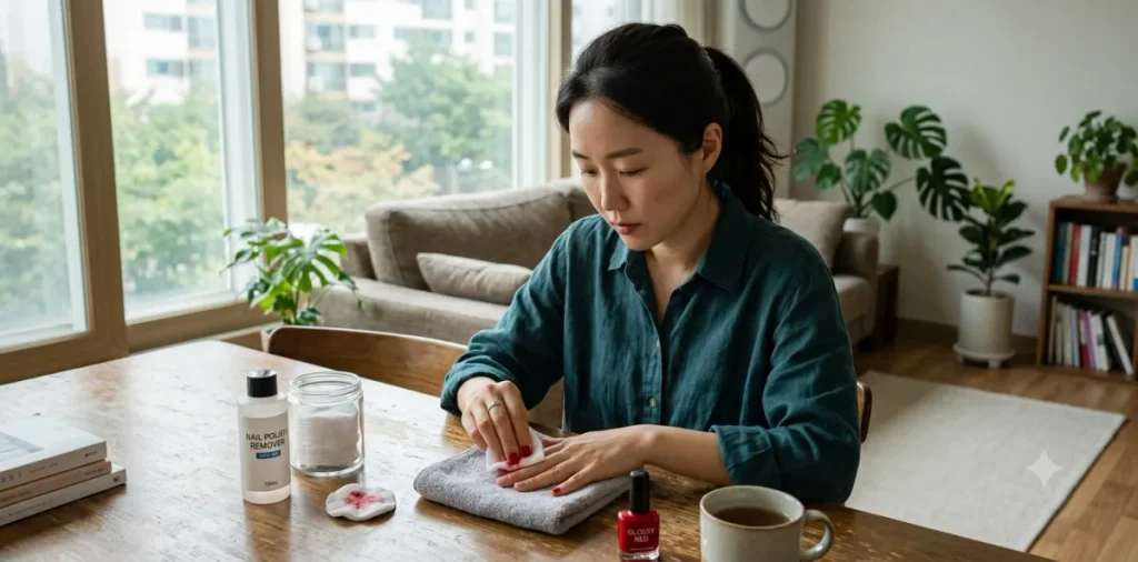 산소포화도 측정을 위해 매니큐어를 전용 리무버로 무척 꼼꼼하게 지우고 있는 장면
