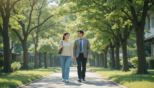 공원에서 가볍게 산책하는 중년 부부의 모습