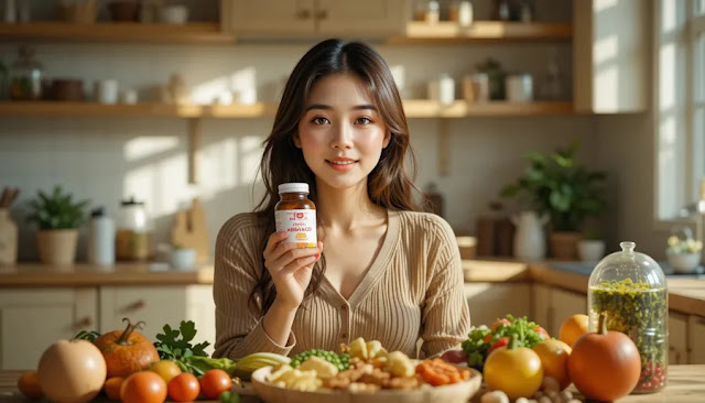 아침 식탁에서 알파리포산과 건강식 준비하는 여성의  모습