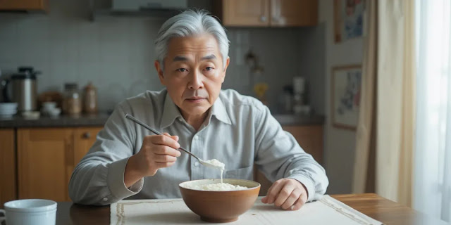 죽을 먹으며 회복 식사를 하는 남성의 모습