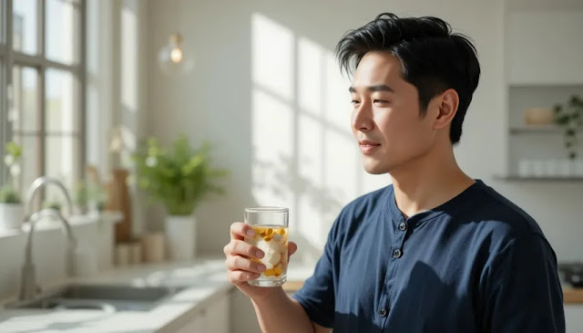 영양제를 물과 함께 섭취하는 중년 남성의 모습