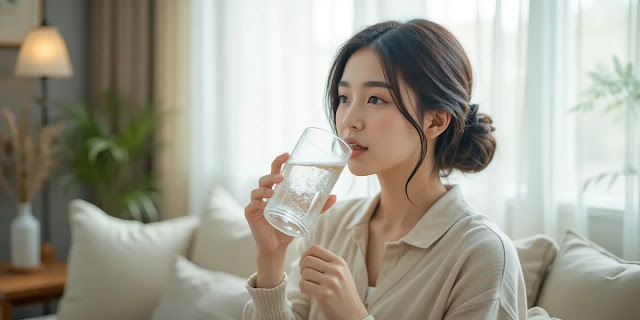 따뜻한 햇살 아래 수분을 보충하며 휴식하는 여성의 모습