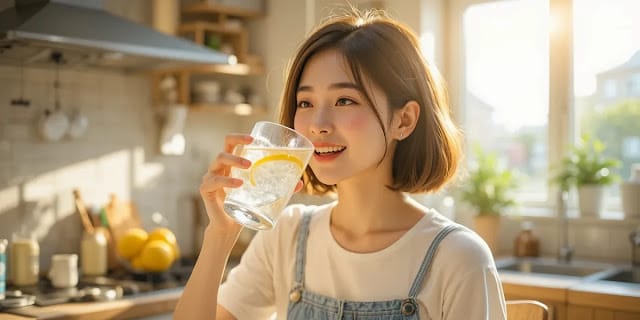 건강한 습관을 위해 아침 수분을 섭취하는 모습 밝은 아침 주방에서 상쾌하게 레몬물을 마시는 여성 모습