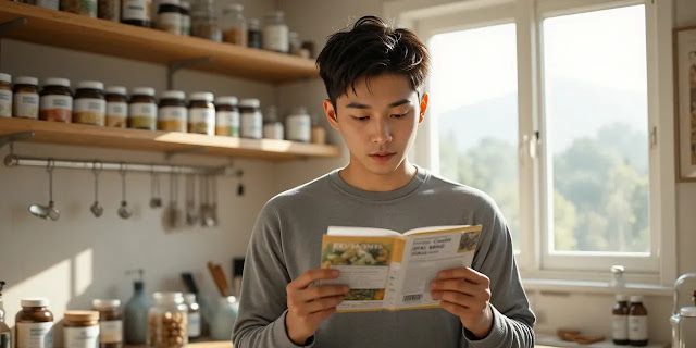 보조제를 확인하며 섭취 계획을 세우는 장면 주방에서 스페르미딘 라벨을 주의 깊게 읽는 모습