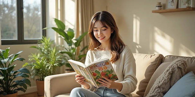 창가에서 편안하게 영양책을 읽는 모습 거실 창가에서 책을 읽으며 영양 정보를 확인하는 모습