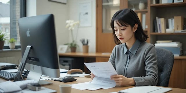 사무실에서 업무 중 건강검진 관련 서류를 확인하는 장면의 모습