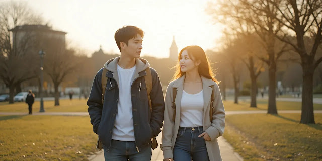 산책을 하며 건강한 생활을 실천하는 커플 모습