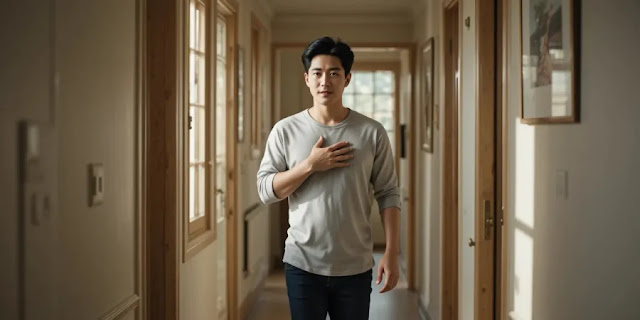 천천히 복도를 걸으며 회복 중인 남성의 모습