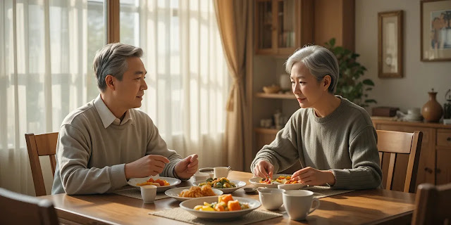 따뜻한 조명 아래 아침식사를 즐기는 장면 식탁에서 균형 잡힌 아침식사를 즐기며 대화를 나누는 모습