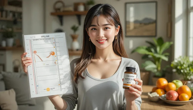 체중표와 알파리포산을 함께 확인하며 건강 체크하는 모습