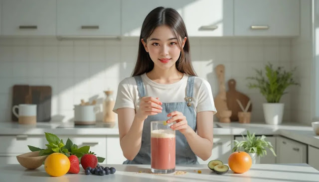 과일과 스무디를 만들며 알파리포산 섭취를 준비하는 모습