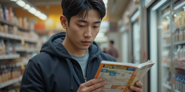 숨은 당분을 찾기 위해 성분표를 확인하는 모습 마트에서 식품 뒷면의 영양 성분표를 꼼꼼히 읽는 모습