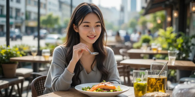 야외 테라스에서 연어 샐러드로 식사하는 여성의 모습