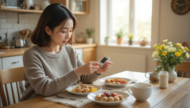 혈당 측정기를 확인하며 건강 관리하는 중년 여성의 모습
