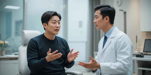 의사와 증상을 상담하고 있는 중년 남성의 모습