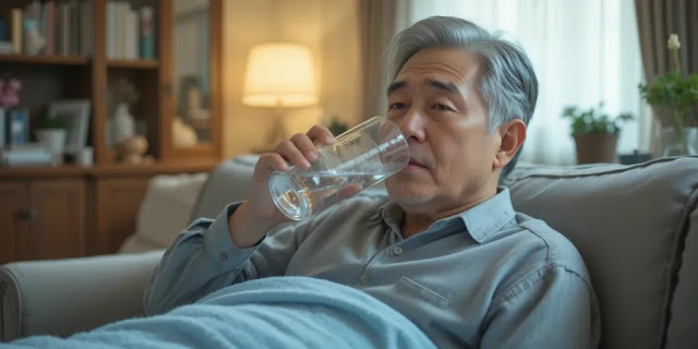 속쓰림 증상으로 천천히 물을 마시는 모습